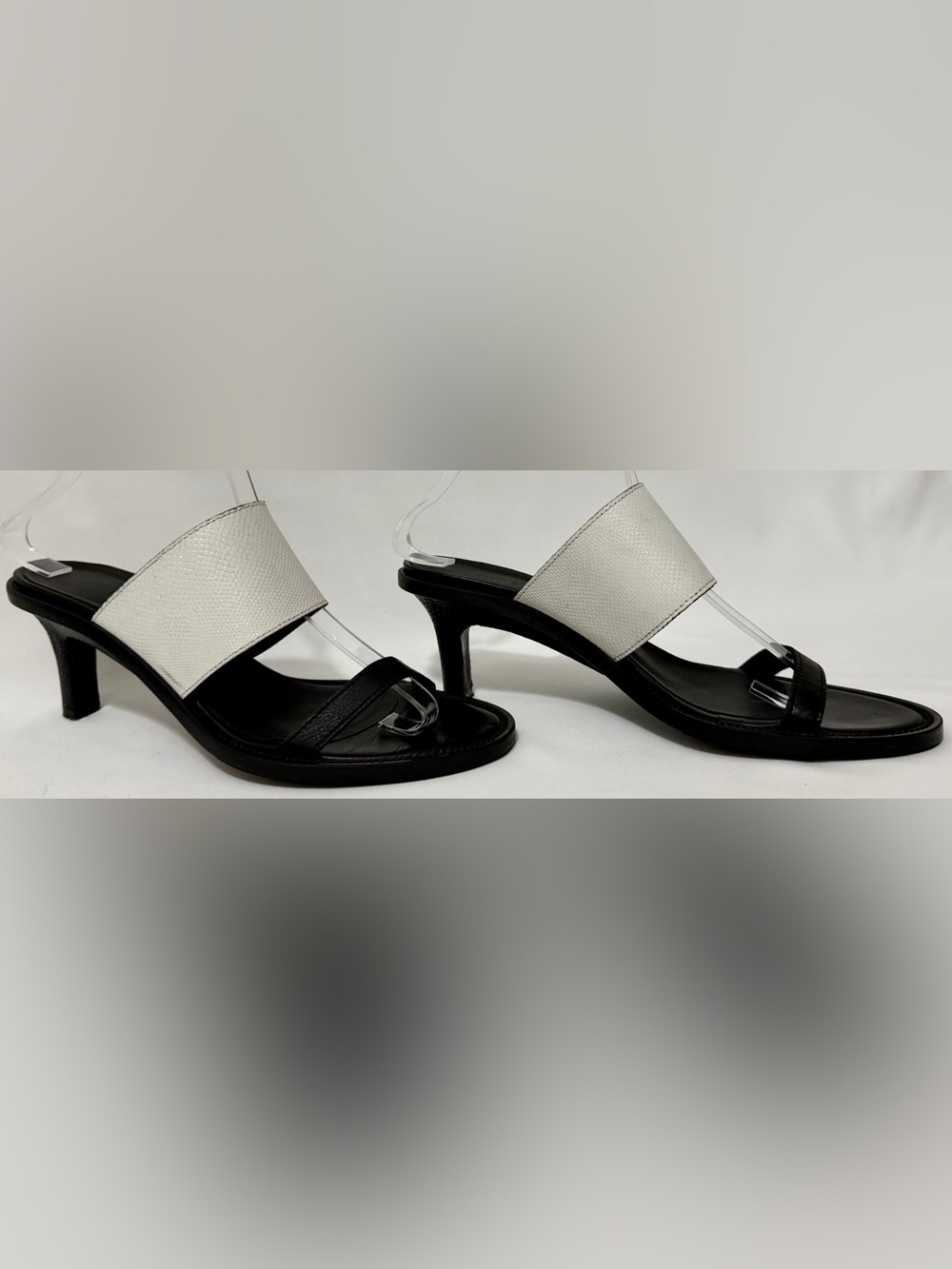 Helmut Lang Vintage Y2K Leather Band Slide Sandals Kitten Heels Black White 38.5